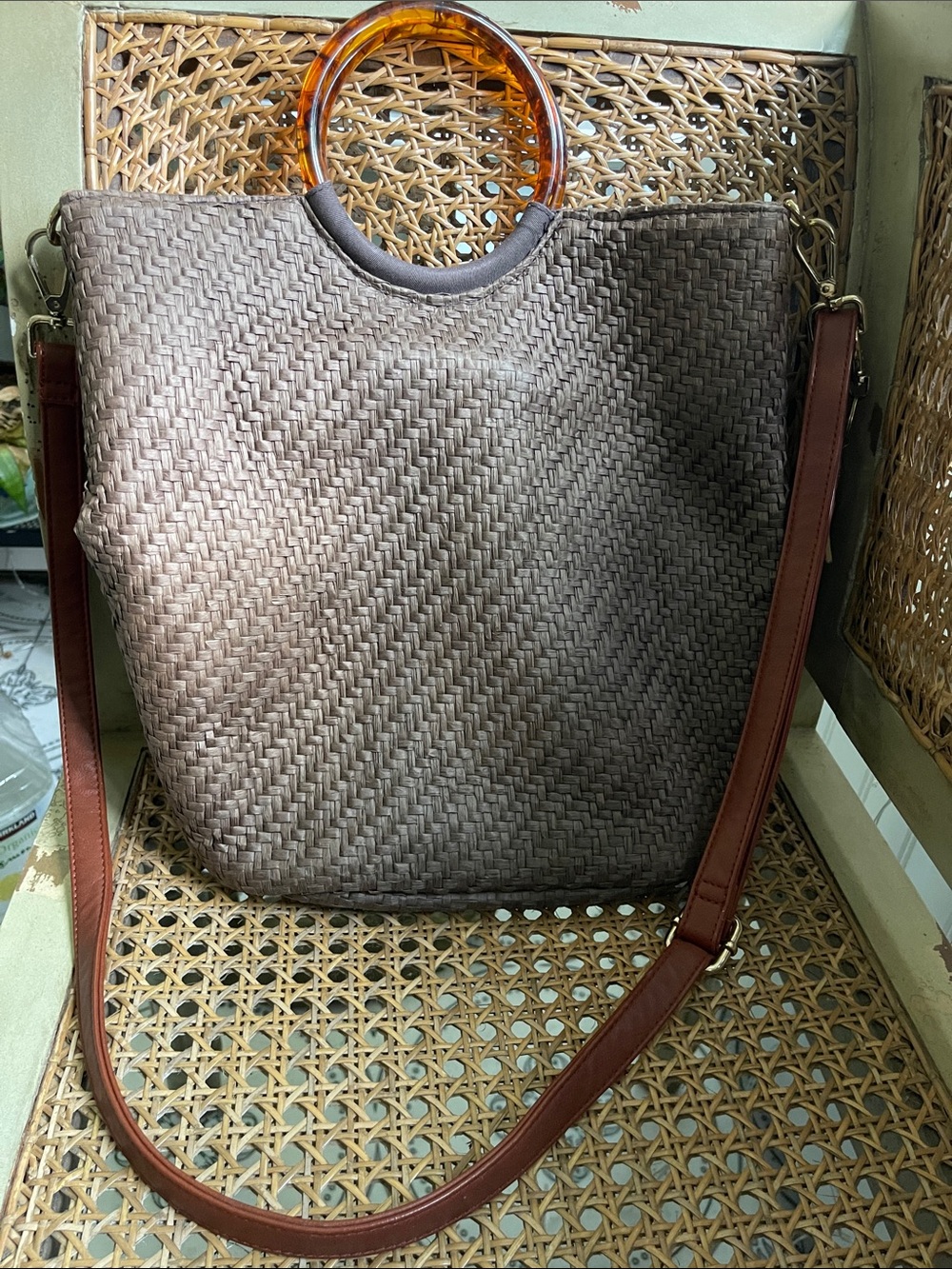 Banana Republic Brown Woven Tote with Tortoiseshell Handles